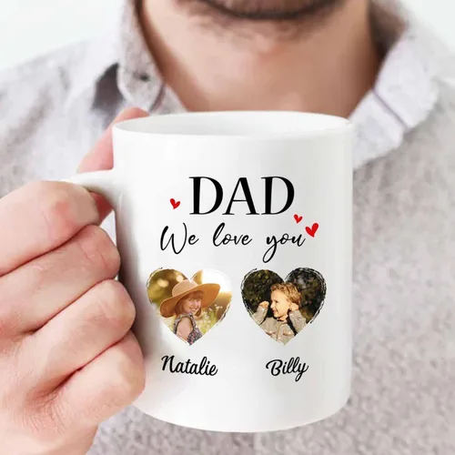 Vista 5 de Marco de fotos personalizado para niños, taza de café de regalo para papá y papá, taza de café blanca con texto en inglés "Dad We Love You", taza