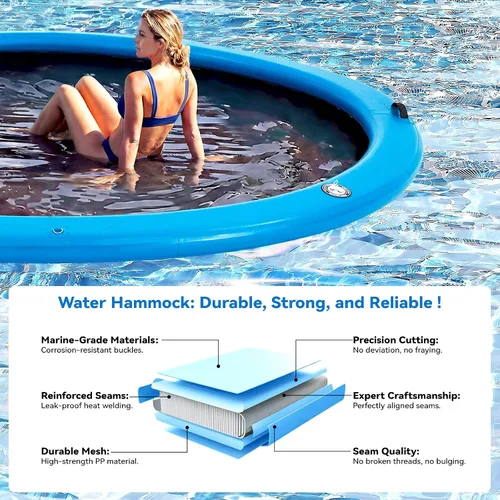 Vista 3 de Muelle flotante inflable redondo de 6 a 12 pies, anillo de flotador Sunchill, hamaca de agua para broncear flotadores de piscina con tela tejida