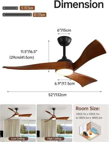 Vista 2 de Sofucor - Ventiladores de techo de 52 pulgadas con luces, ventilador de techo de madera sólida para interiores/exteriores con control remoto, motor