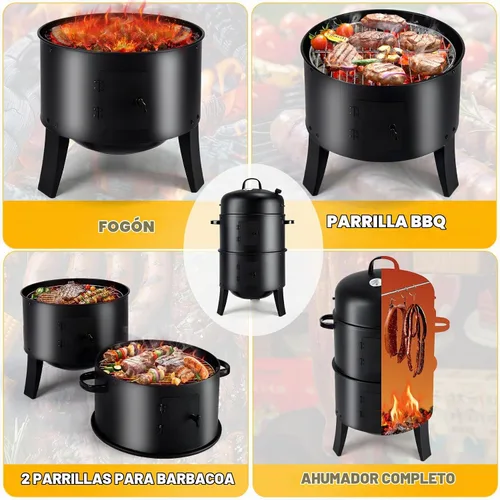 Vista 3 de Parrilla vertical para ahumar carbón de 32 pulgadas, parrilla de barbacoa resistente con termómetro integrado, parrilla 3 en 1 y ahumador, olla