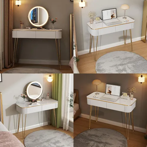 Vista 5 de Furnistar Tocador Pequeño con Espejo Redondo y Luces 39" Mesa de Tocador Moderna con 2 Cajones Mesa de Maquillaje para Dormitorio Blanco y Dorado