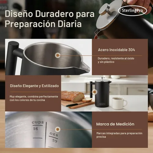 Vista 6 de SterlingPro - Cafetera de prensa francesa de acero inoxidable extra grande con aislamiento no tóxico de 64 onzas, capacidad de 1/2 galón/2 litros