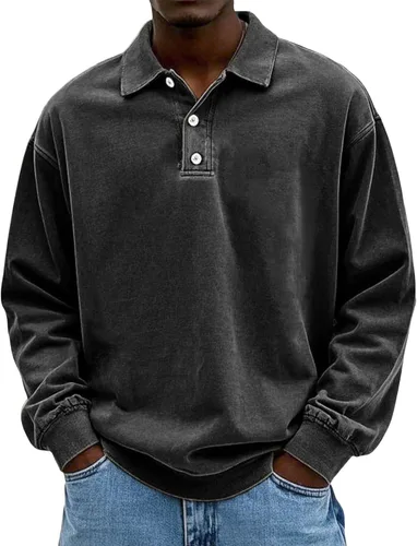 Vista 8 de Camisa Polo de Manga Larga para Hombre Camisa con Botón Desgastado Básica Color Sólido Camisa Polo Clásica Holgada Casual Camisas con Cuello Camiseta