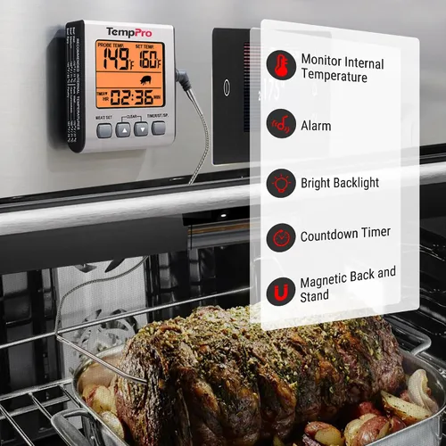 Vista 5 de TempPro Termómetro digital de carne para cocinar y asar a la parrilla, termómetro de alimentos para barbacoa con luz de fondo y temporizador
