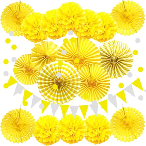 Vista 11 de Zerodeco - Decoración de fiesta, 21 piezas de abanicos de papel, pompones flores, tiras de cuerdas de lunares y banderines triangulares