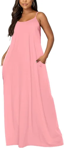 Vista 2 de OFEEFAN - Maxivestido de verano para mujer, diseño con tirantes delgados y bolsillos.
