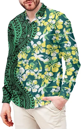 Vista 12 de Camisa de guayabera polinesia para hombre, patrón de Samoa Americana, vintage, cuello en V, manga larga, hawaiana, camisas de vestir para hombres