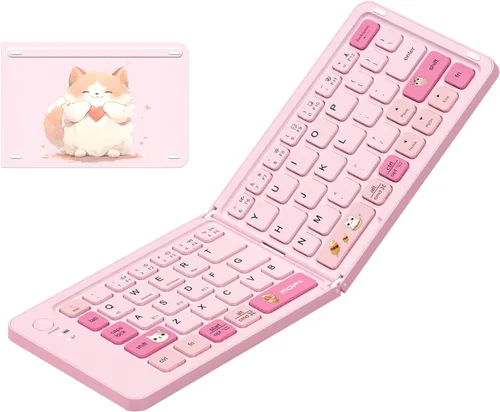 Vista 12 de Mini teclado Bluetooth plegable, teclado portátil compacto inalámbrico recargable con 67 teclas delgadas y silenciosas, bonito teclado de viaje