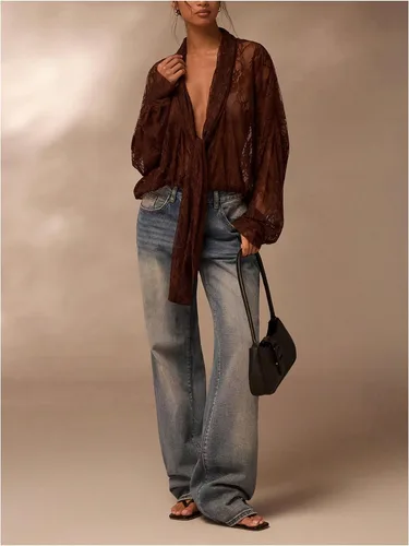 Vista 5 de SOLY HUX Blusa de encaje para mujer, manga larga, malla transparente con lazo frontal Marrón (pure brown)