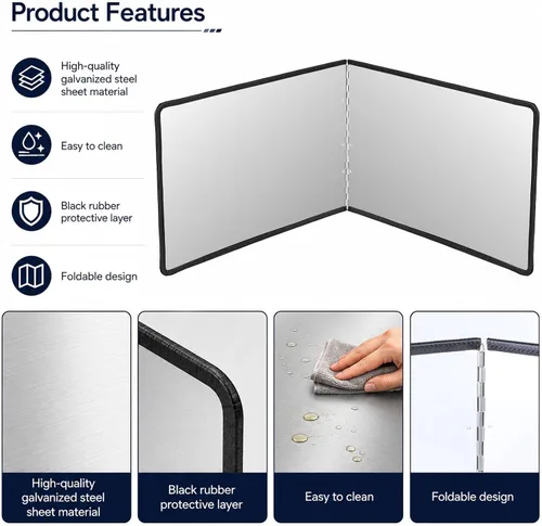Vista 4 de Protector de salpicaduras de acero inoxidable de 2 caras grande plateado para freír estufa, protector de salpicaduras plegable de 4 caras, protector
