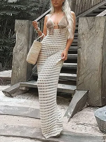 Vista 2 de Vestido largo de punto para mujer, de manga larga, con huecos, transparente, de ganchillo, vestidos largos de playa