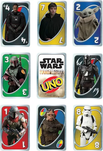 Vista 6 de UNO Star Wars The Mandalorian en lata de almacenamiento, cubierta temática y regla especial, regalo para niños, adultos y noches de juego