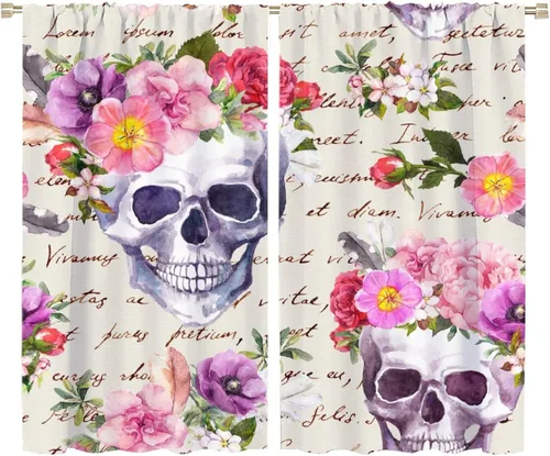 Vista 12 de Cortinas de cabeza de calavera, calavera blanca y rosas rojas con ramas y hojas negras, cortinas opacas decorativas para sala de estar, dormitorio