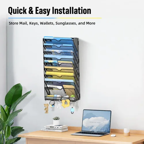Vista 2 de SUPEASY Organizador de archivos de pared de 10 niveles con ganchos Negro
