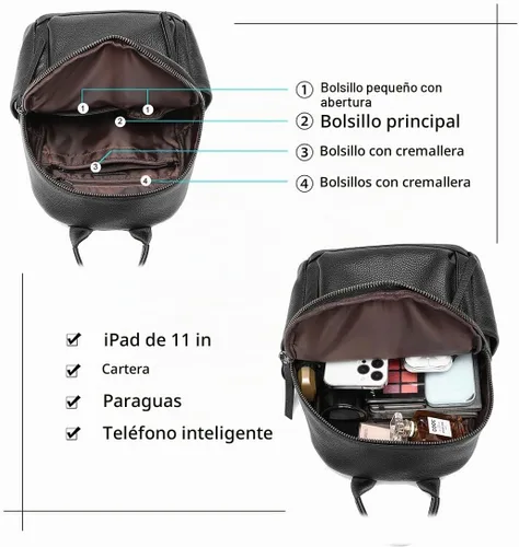 Vista 6 de COOLCY Mochila de cuero genuino para mujer, mochila multifuncional elegante para mujer (negro) pequeño