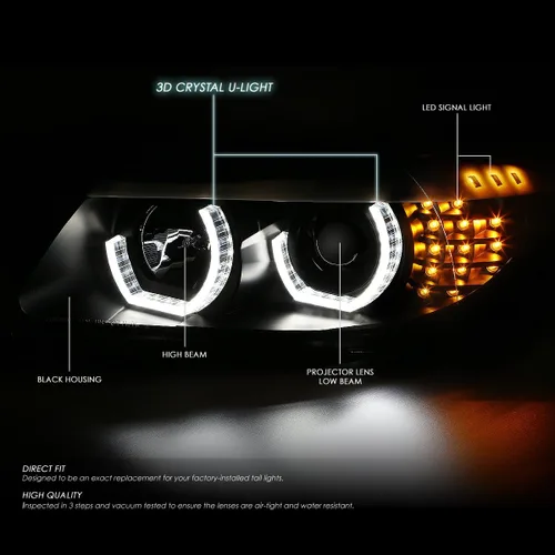 Vista 2 de DNA MOTORING HL-3D-E9005-BK - Faros delanteros negros con anillo de halo 3D, haz alto y bajo, con señales de giro ámbar, compatibles con BMW 323i