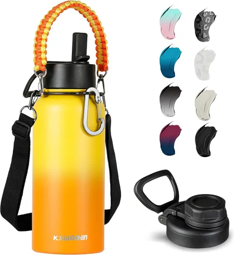 Vista 20 de KXIAOCHEN Botella de agua aislada, botella de agua de acero inoxidable, 2 tapas (con pajilla y tapa con asa), botellas de agua metálicas de boca