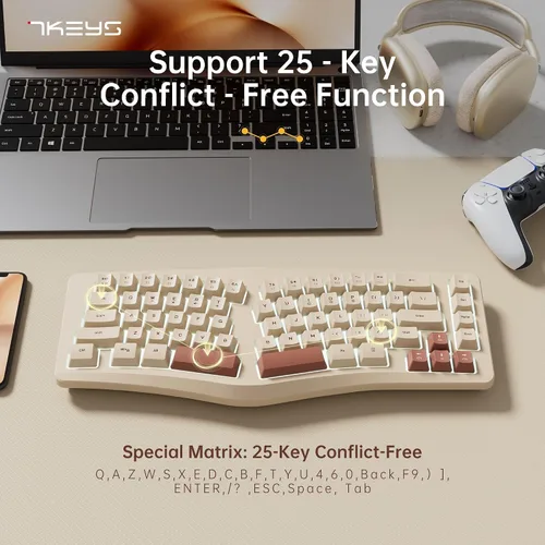 Vista 4 de 7KEYS Teclado ergonómico con cable, mini teclado compacto dividido de 69 teclas, retroiluminación RGB de 14+, cable USB tipo C desmontable