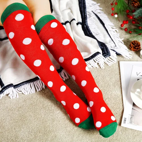 Vista 7 de SATINIOR 4 pares de calcetines altos hasta la rodilla, calcetines de Navidad con lunares hasta la rodilla, para mujeres y niñas, accesorios