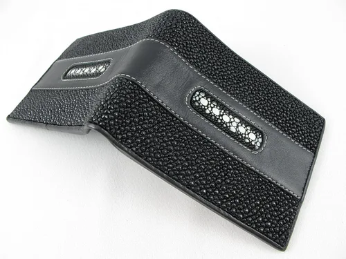 Vista 4 de Cartera plegable suave de piel de rayas de diamante genuino, Negro -, Billetera plegable