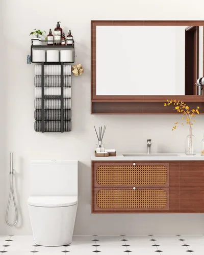 Vista 6 de Aetyord Toallero para Baño de 31 Pulgadas Montado en Pared, Estante Flotante con Tablero de Madera, Almacenamiento de Toallas para Baño que Puede