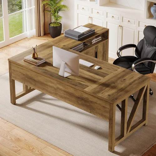 Vista 13 de Tribesigns Escritorio en forma de L de 55 pulgadas con cajón, escritorio ejecutivo para computadora y archivador lateral, 2 piezas de muebles