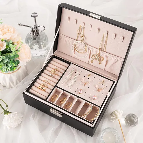 Vista 3 de Organizador de joyas para mujer organizador grande de joyas de viaje de 2 capas de piel sintética con forro suave para mujeres y niñas anillos