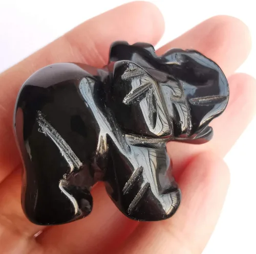 Vista 3 de Estatua de cristal de elefante tallada a mano, escultura de animal guardián de oficina en casa, decoración de 1.5 pulgadas, obsidiana negra
