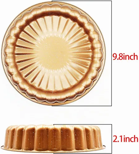 Vista 2 de Kundalini Charlotte - Molde para tartas de 10 pulgadas en forma de disco corrugado para boda, San Valentín, cumpleaños, fiesta Dorado redondo