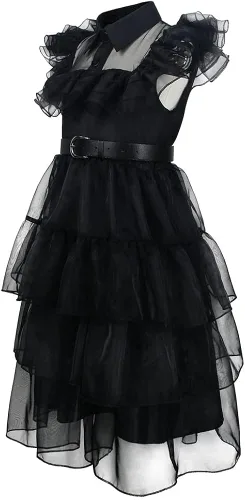 Vista 4 de Wednesday Addams - Vestido de Halloween para niñas con collar y bolsa de hombro, vestido de fiesta de cosplay de la familia Addams