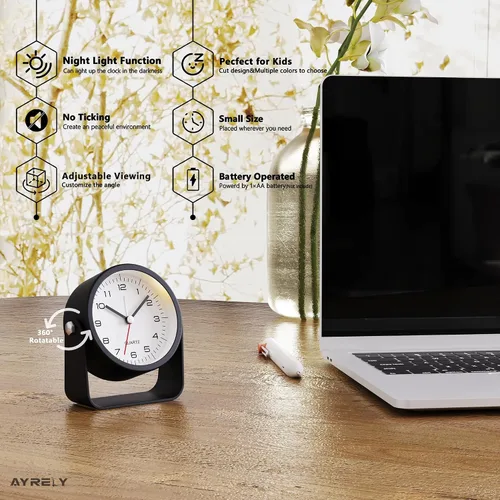 Vista 2 de AYRELY® Reloj despertador analógico pequeño de 3.5 pulgadas, funciona con pilas, bonito reloj de mesa con luz, ángulo ajustable para viajes, mesita
