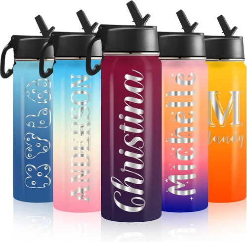 Vista 12 de Botella de agua personalizada con foto y pajita, 18 oz/32 oz, botella de agua deportiva de acero inoxidable personalizada con 1-9 imágenes, nombre