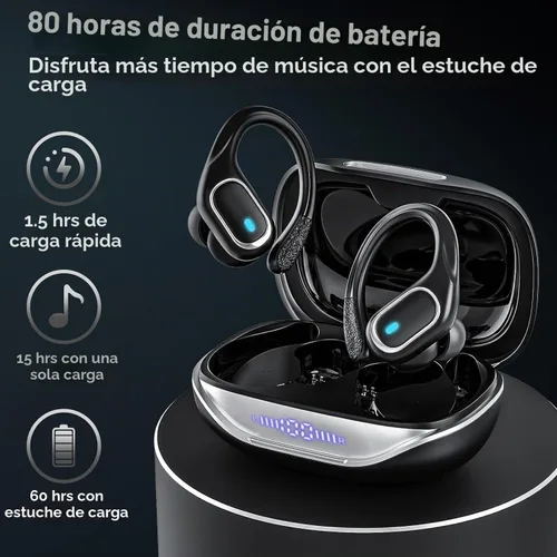 Vista 2 de Auriculares inalámbricos Bluetooth 80 horas de reproducción, IPX7, impermeables, funda de carga inalámbrica, ganchos para los oídos (negro)