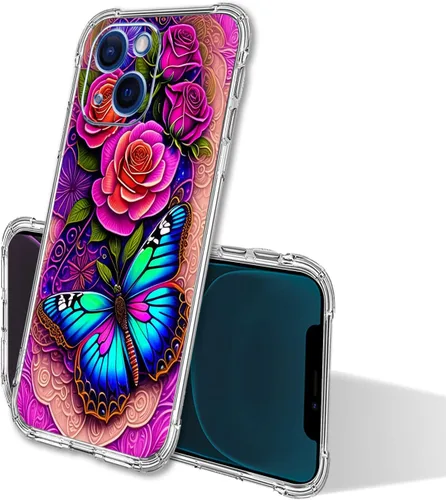Vista 3 de Funda para iPhone 13 Pro Max, protección contra caídas de flores de mariposa azul, rosa, a prueba de golpes, carcasa protectora de cuerpo completo