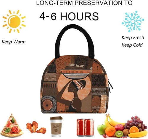 Vista 4 de Bolsa de almuerzo reutilizable para mujer africana con bolsillo frontal con cierre de cremallera aislada, bolsa térmica para el trabajo, picnic