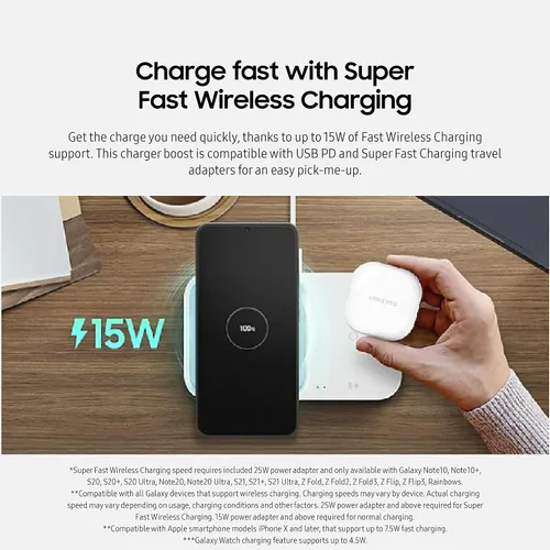 Vista 2 de SAMSUNG Cargador inalámbrico Duo de 15 W con cable USB C, carga 2 dispositivos a la vez, almohadilla de carga inalámbrica súper rápida