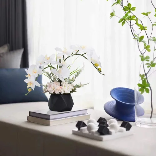Vista 5 de LESING Artificial Potted Orchid Flower for Table Centerpieces,Real Touch White Fake Orchid Flowers in Vase for Home Decoration (Style 2,Black Vase)