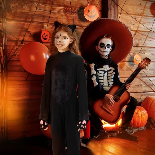 Vista 5 de Disfraz de gato de Halloween para niñas y niños de 7 a 12 años, disfraz de gato negro para niños con guantes, diadema, cola de gato, calcomanías