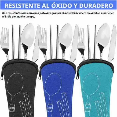 Vista 3 de Juego de 3 cubiertos para campamento, 12 piezas, cuchillos, tenedor, cuchara, palillos de acero inoxidable con estuche de transporte, cubiertos
