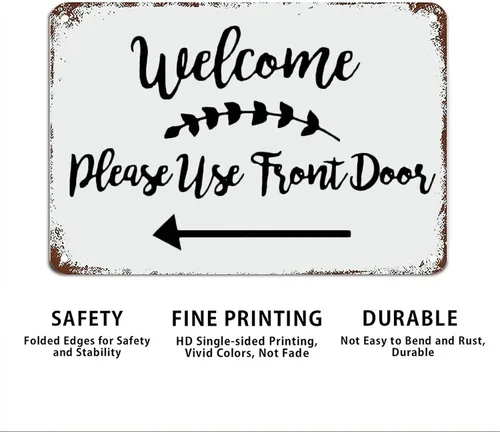 Vista 4 de Letrero colgante de metal con texto en inglés "Welcome Please Use" para puerta delantera, decoración de pared rústica para sala de estar, cocina