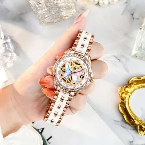Vista 8 de OLEVS Reloj automático para mujer, reloj de cerámica de acero inoxidable Mariposa / Colorido