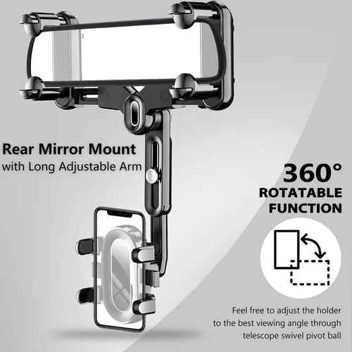Vista 2 de ILKCC Soporte de teléfono para espejo retrovisor para automóvil, giratorio de 360° y retráctil multifuncional soporte de teléfono de visión trasera