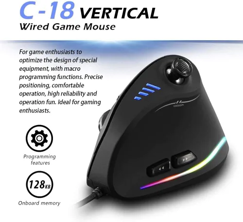 Vista 5 de Zelotes Ratón vertical con barra de control, 10000DPI LED óptico USB con cable ratón para juegos, (negro)