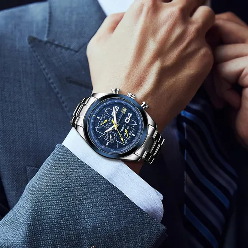 Vista 8 de Relojes de pulsera para hombre, cronógrafo, casual, de cuarzo, con correa de acero inoxidable, impermeable, taquímetro, fecha