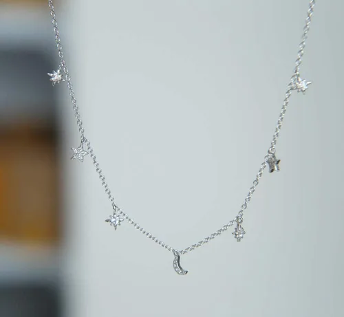 Vista 2 de Joyería de plata de ley 925 con diseño de estrella y luna de amor, collar y colgantes, cadena de gargantilla para mujer