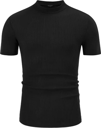 Vista 3 de TURETRENDY Men's Stretch Muscle T Shirts Short Sleeve Solid Color Knit Tees Casual Slim Fit Basic Shirt Tops