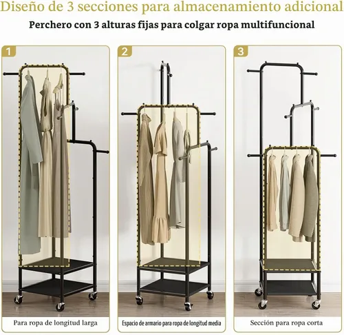 Vista 4 de Chrislley Pequeño Perchero de Ropa con Ruedas, Perchero Enrollable Portátil de 71" con 2 Estantes y 6 Ganchos, Perchero de Ropa de Metal Resistente