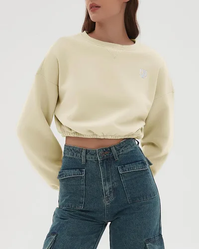Vista 4 de CHYRII Sudadera corta de gran tamaño para mujer, de forro polar, cuello redondo, manga larga, para otoño e invierno
