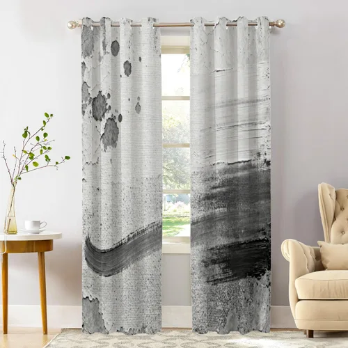 Vista 40 de Shrahala Beige and Orange Abstract Art Brushstrokes Blackout Curtain Tiers, Abstract Oil Paint Kitchen Valance Light Blocking Tier Drapes with Rod