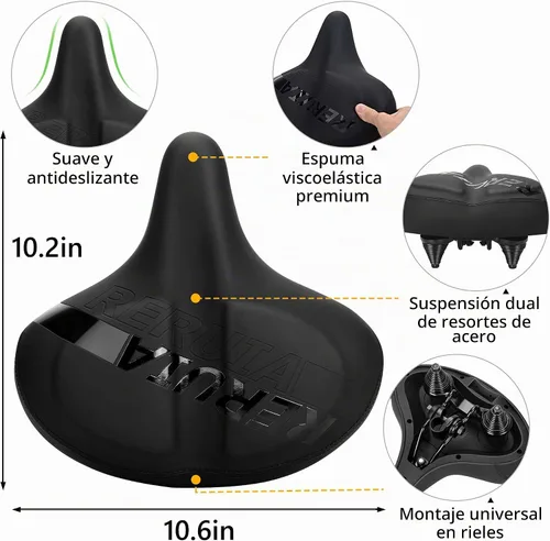 Vista 3 de Asiento de bicicleta grande y cómodo, sillín ancho con absorción de impactos, cojín de bicicleta de ejercicio de gran tamaño con espuma